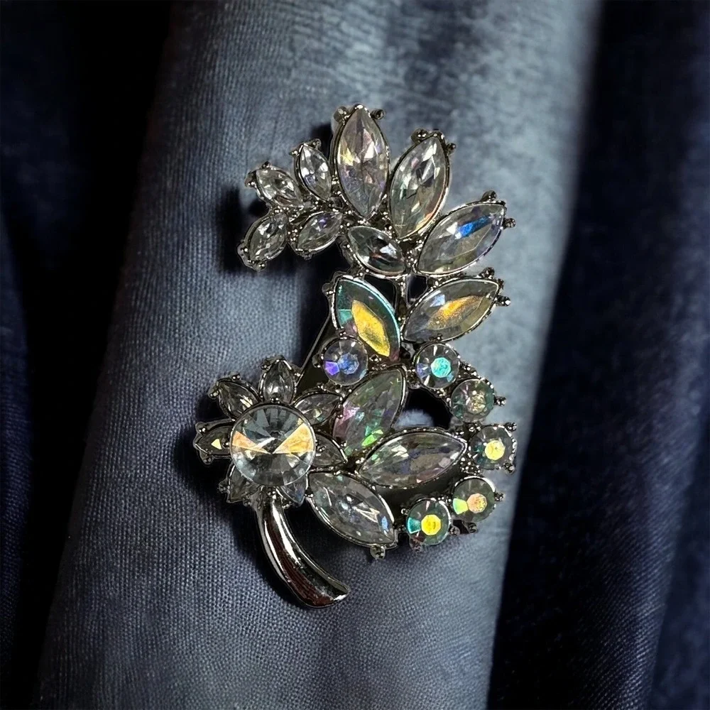 Vintage Clear Rhinestone Brooch Pin Silver Tone Statement Colors In Light